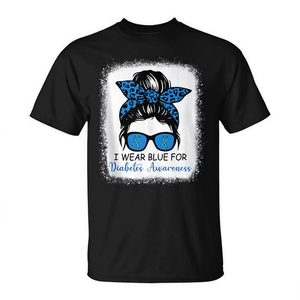 I Wear Blue For Diabetes Awareness Leopard <b>Messy</b> Bun T-<b>Shirt</b> Short Sleeve Unisex Crew Neck Adult Digital Printing - Product Image 2