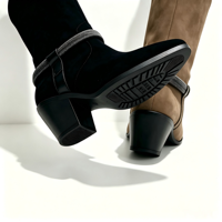 Bottes de cowboy pour femmes à bout pointu, mi-mollet, en faux daim, avec sangle décorée de strass et talon carré – Chaussures personnalisées tendance