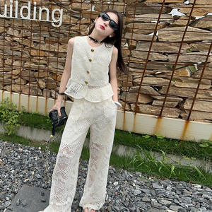 Abbigliamento estivo da ragazza Set di bottoni senza maniche in pizzo cavo Beige moda estiva Set in due pezzi per ragazze dai 7 ai 15 anni - Product Image 6