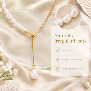 Collier élégant de haute qualité pour femmes, en forme de Y, léger, en acier titane plaqué or, chaîne serpent avec perles d'eau douce authentiques - Product Image 2