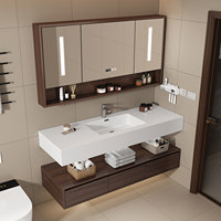 Ensemble de meuble-lavabo mural pour salle de bain avec vasque intégrée sans joint, en dalle de granit style hôtel de luxe, avec miroir