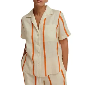 Women short sleeve linen camp collar shirt Relaxed fit Custom stripe print on a mid weight printed linen camp collar shirt