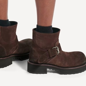 Women Vintage Washed Suede Mid Calf Biker <b>Boots</b> Metal Buckle Decor Chunky Platform Motorcycle <b>Boots</b> Street Fashion Shoes - Product Image 5