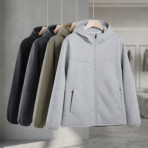 Men's Hooded Fleece <b>Jacket</b> Solid Color <b>Zipper</b> Closure Casual Autumn Wear <b>with</b> <b>Pockets</b> and Logo Front Design - Product Image 3