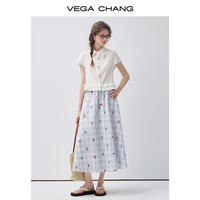 Jupe midi pour femme VEGA CHANG, personnalisée, à carreaux vichy, brodée de fleurs, avec taille haute élastique et silhouette fluide