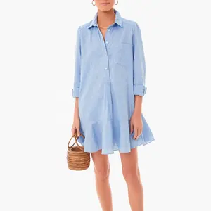 Summer Women Blue Casual Dress Three Quarter Sleeves Button Down Ruffles Formal Vintage Ladies Loose Long Shirt Dress