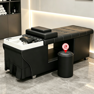 Sillón de peluquería de cuero negro con lavacabezas para spa capilar, tratamiento capilar y masaje, con lavabo - Product Image 1