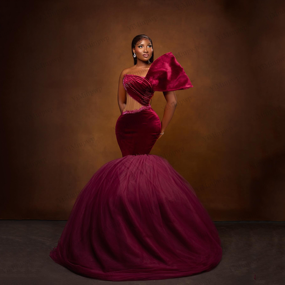 burgundy african dress African Burgundy Prom Dresses Tulle Mermaid Sweetheart Long Party Dress  Beading Gold Appliques cg13384 main image 0