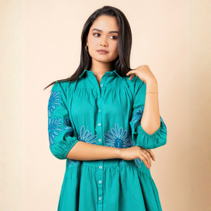 Vestido Corto de Lino Elegante de Primera Calidad, Bordado, con Fruncido Frontal, Casual para Mujer - Product Image 4