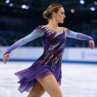 Robe de danse patinage violette à manches longues en maille nude, rayée et ornée de strass, pour enfants et adultes, pour compétition et performance
