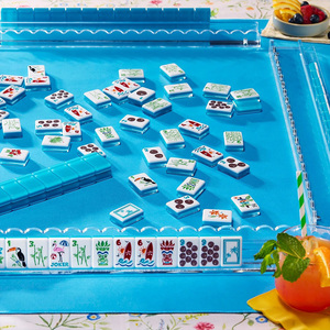Juego de Fichas de Mahjong Americanas Modernas y Portátiles de Acrílico de 3 Capas, Estilo Tropical Azul, con Diseño Floral de Pájaros y Tabla de Surf - Product Image 5
