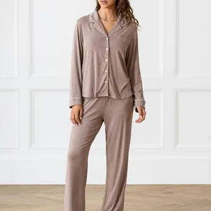 Großhandel Oem Damen Langarm Weiche Baumwolle Bambus Viskose Gestrickt Pyjama Set Luxus Lounge Nachtwäsche Zweiteiler Langes Set