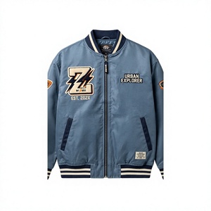 Chaqueta Bomber Premium de Poliéster Satinado de 200 GSM, Resistente al Viento, con Puños Acanalados Azules, Logotipo Chenille Personalizado, Unisex, Estilo Urbano - Product Image 1