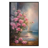 Décoration Murale en Cristal Paysage Marin Floral Moderne et Rêveur, Tableau Mural Bateau à Voile de Luxe avec Cadre, Tailles Personnalisées Disponibles