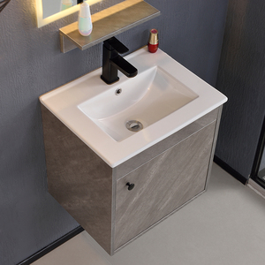 Mobile Bagno Moderno in Compensato Grigio con Lavabo Singolo a Parete, Specchio LED, Eco-Friendly, Stile Rustico - Product Image 3