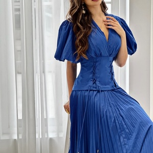 Vestidos Casuales Elegantes Azules con Cuello en V y Cordones en la Cintura Alta, Vestido Sexy con Mangas Abullonadas para Mujer - Product Image 3