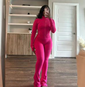 カスタム レディース 2点セット 秋用 フィットネス ジョガー ジャケット ＆ フレアパンツ ラウンジウェア - Product Image 6