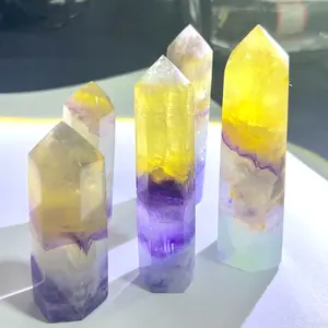 Helsman Hand Carving Rainbow Fluorite Towers Healing Natural Stone Crystal Wands Points