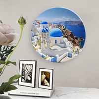 Santorin Grèce Assiette décorative en porcelaine sur mesure Assiette décorative ronde en céramique avec présentoir pour décoration murale de bureau à domicile