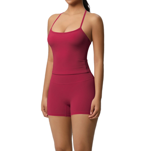 Pantaloncini da corsa a compressione leggeri comodi da donna Set di canottiere in tinta unita traspirante per Yoga con chiusura elastica in vita - Product Image 1