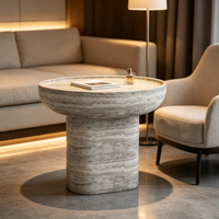 Table d'appoint ovale en marbre avec plateau en marbre, base cylindrique en pierre de travertin massif, style Wabi Sabi, meuble d'appoint intérieur, maison de rêve