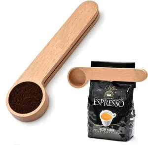 Wooden Coffee Scoop and Bag Clip Tablespoon Solid Beech Wood Measuring Scoop Espresso Coffee Bags Sealer For Ground Beans Powder