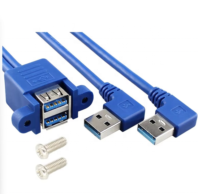Double Shielding Al. Foil + Braiding Dual USB 3.0 Male 90 Degree Right Angled Female Panel Mount Extension 5Gbps Computer Cable