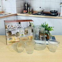 Ensemble de 5 pièces en verre pour la maison : Carafe à eau froide, Carafe à jus et Théière en verre, avec poignée et couvercle, style minimaliste pour restaurant