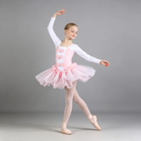 Vestido de Ballet Rosa y Blanco de Manga Larga con Tres Lazos y Cuello Cuadrado para Niñas, Traje de Leotardo para Clases de Ballet, Entrenamiento, Recital y Actuaciones
