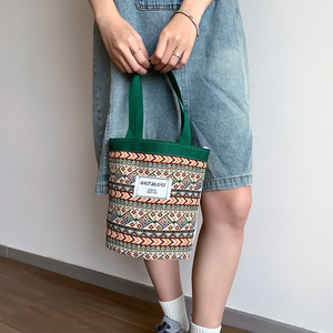 New Custom Printed Polyester Button Closure Tote Bag Large Capacity Women's Ethnic Style Artistic Bucket <b>Handbag</b> - Product Image 5