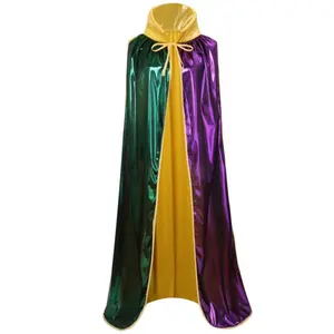 Glinsterende Geelgroene Paarse Hoge Kraag Cape Full Length Glossy Mantel Maskerade Kostuum Accessoire Voor Volwassen Mardi Gras Party