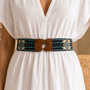 Ceinture élastique perlée avec boucle en bois, ceinture extensible bohème pour femme - Product Image 1