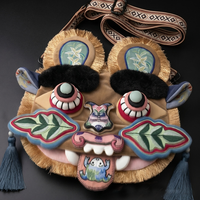 Sac à bandoulière brodé de qualité supérieure avec tête de tigre chinoise traditionnelle et pompons pour enfants et adultes, idéal pour les festivals culturels