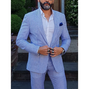 ชุดสูทผู้ชายสีน้ำเงินใหม่ 2 ชิ้น เสื้อสูทและกางเกง กระดุมแถวเดียว ลายทาง สำหรับทำงาน ธุรกิจ ลำลอง งานแต่งงาน งานพรอม ชุดทักซิโด้ - Product Image 1