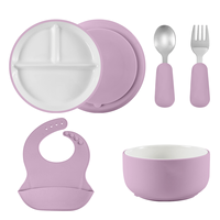 Assiette, bol, fourchette, cuillère et bavoir en silicone pour enfants, très vendus à l'international, design simple, résistant aux chutes, pour l'alimentation