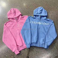 Hoodie berkerah zip warna pastel, ukuran besar, model kotak, dengan logo custom, bahan French Terry, jaket streetwear polos.