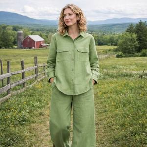 Completi da Donna, Set Personalizzati Ecologici con Camicia Verde in Lino e <span class=keywords><strong>Pantaloni</strong></span> Lunghi con Elastico in Vita, Fornitore di Alta Qualità - Product Image 3