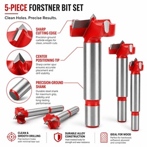 Juego de 5 brocas Forstner rojas de 15mm-35mm de profundidad, profesionales para taladrar orificios de bisagras de puertas de armario, rectas, en caja de madera - Product Image 6