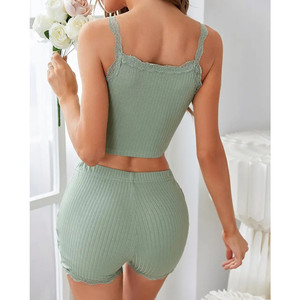 Verão Casual Pijama das Mulheres Sexy Halter Lace Crop Top e Shorts 2 Peça Set Loungwear Respirável Set Girl Sleepwear Set - Product Image 2