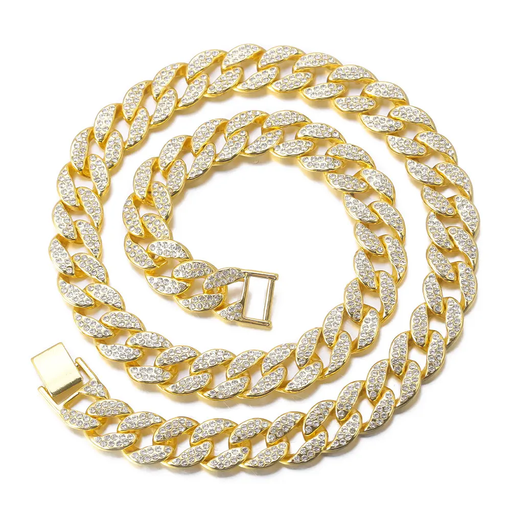 Stock supplied 14mm Gold Jewelry Bling Iced Out Cuban Link Chain white Gold Plated Simulated Lab Diamonds Hip Hop Necklace