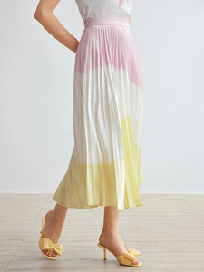 <span class=keywords><strong>Gonna</strong></span> Midi Plissettata Bicolore Rosa Bianco Giallo in Raso a Vita Alta Elegante Casual da Donna per Vacanze - Product Image 2
