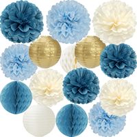 Fleurs en papier bleu poussière, or champagne, beige, pompons en papier, lanternes en nid d'abeille, décorations pour anniversaire, mariage, fête prénuptiale