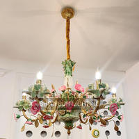 Lustre de luxe en laiton et céramique français avec fleurs en porcelaine pour salle de mariage, LED à intensité variable, garantie 5 ans