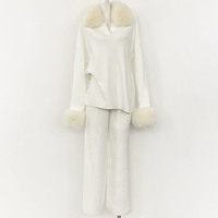 Ensemble tricoté pour femme, hiver 2025, doux et chaud, avec col en fourrure de renard véritable amovible, pull et pantalon large à jambes droites