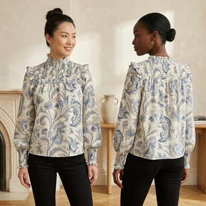 Camicetta da <span class=keywords><strong>Donna</strong></span> 2025 in Chiffon Floreale Vintage 5029089 <span class=keywords><strong>con</strong></span> <span class=keywords><strong>Volant</strong></span> alla Francese, Scollo a V Stratificato, Maniche Lunghe, Vestibilità Ampia, Primavera Estate, <span class=keywords><strong>con</strong></span> Bottoni - Product Image 1