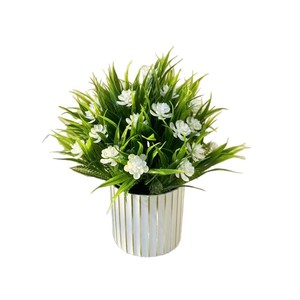 Plantes artificielles nordiques en pot, mini-herbe avec fleurs, pot à rayures blanches et dorées, décoration d'intérieur, ornement de salon, 21 pouces - Product Image 5
