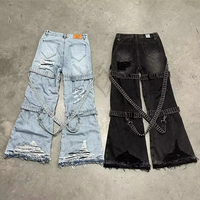Jeans évasés à taille haute pour hommes, personnalisés en gros par le fabricant, denim délavé à volants, pantalon ample à franges, floral, droit
