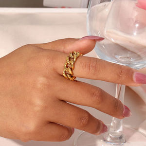 Fashion 18K Gold Plated <strong>Golden</strong> Jewelry Chic Chunky Cuban Chain Open <strong>Ring</strong> Adjustable Woven Tarnish Free Stainless Steel <strong>Rings</strong> - Product Image 2