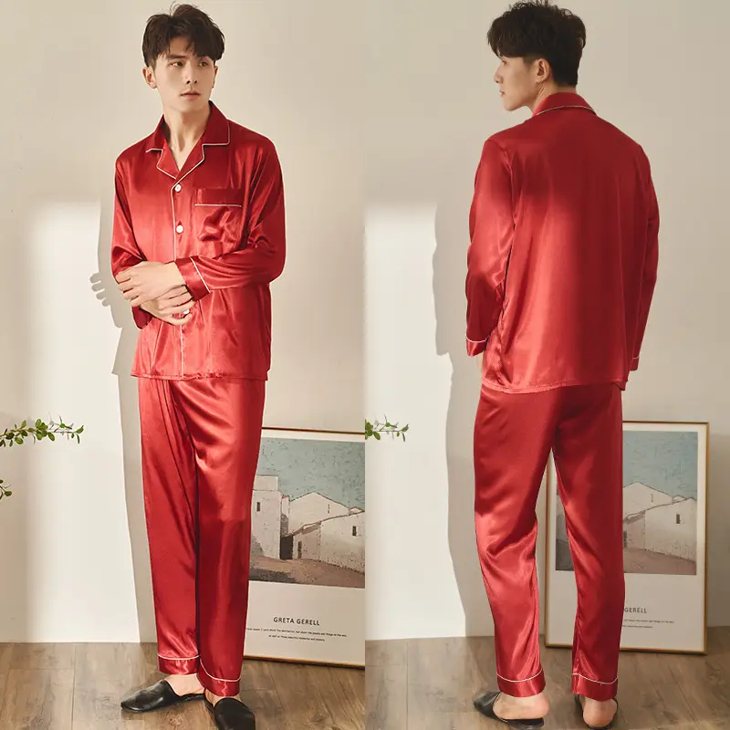 Wholesale Long Sleeves Men Kurta Pajama Warm And Soft Satin Spring Autumn Wear Men's Pajamas 2 Pieces Sets