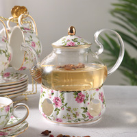 Service à thé en verre et céramique avec bougie chauffe-plat, théière chauffante avec filtre, une théière avec quatre tasses, pour le thé anglais de l'après-midi
